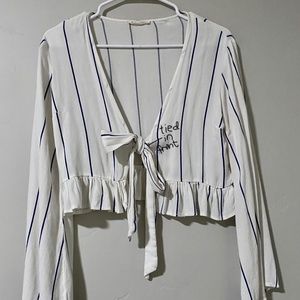White front tie blouse with blue stripes